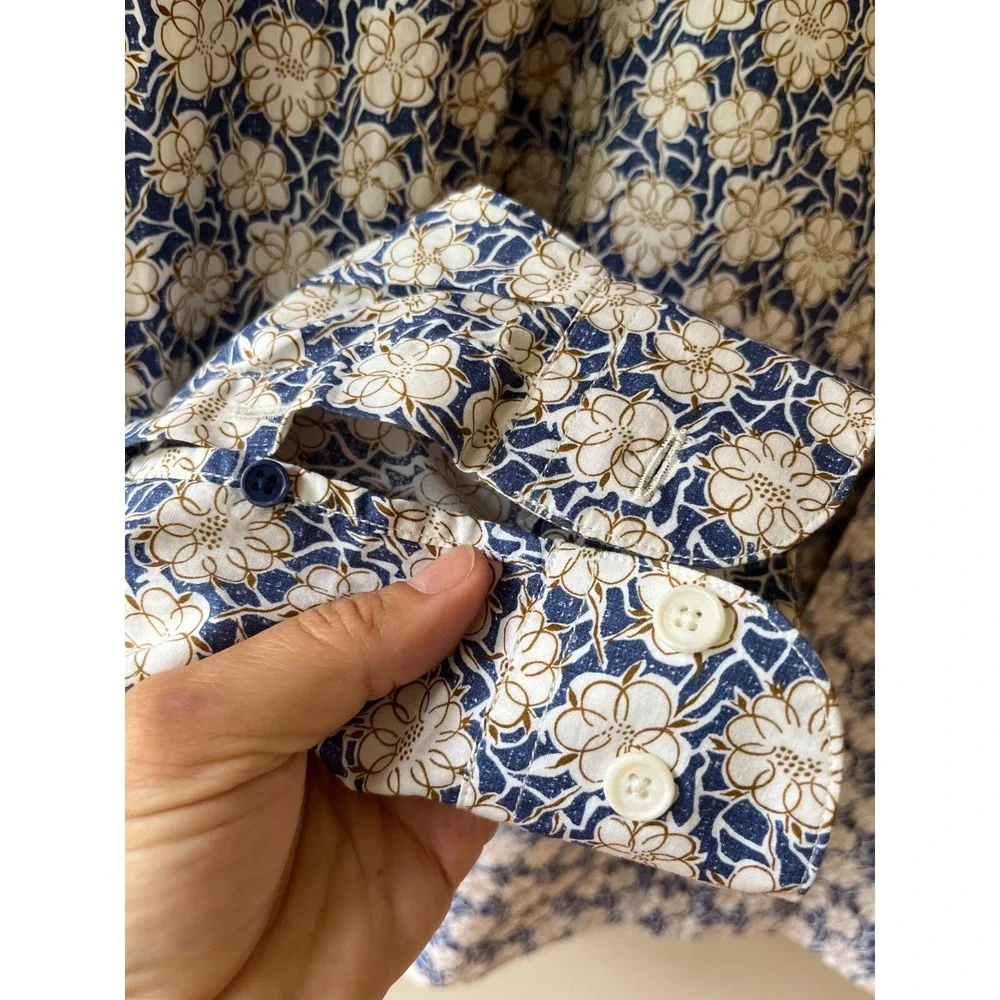 Serge Blanco Men's Sz XL Beige Navy Floral Button Up Shirt Classic Fit Italian